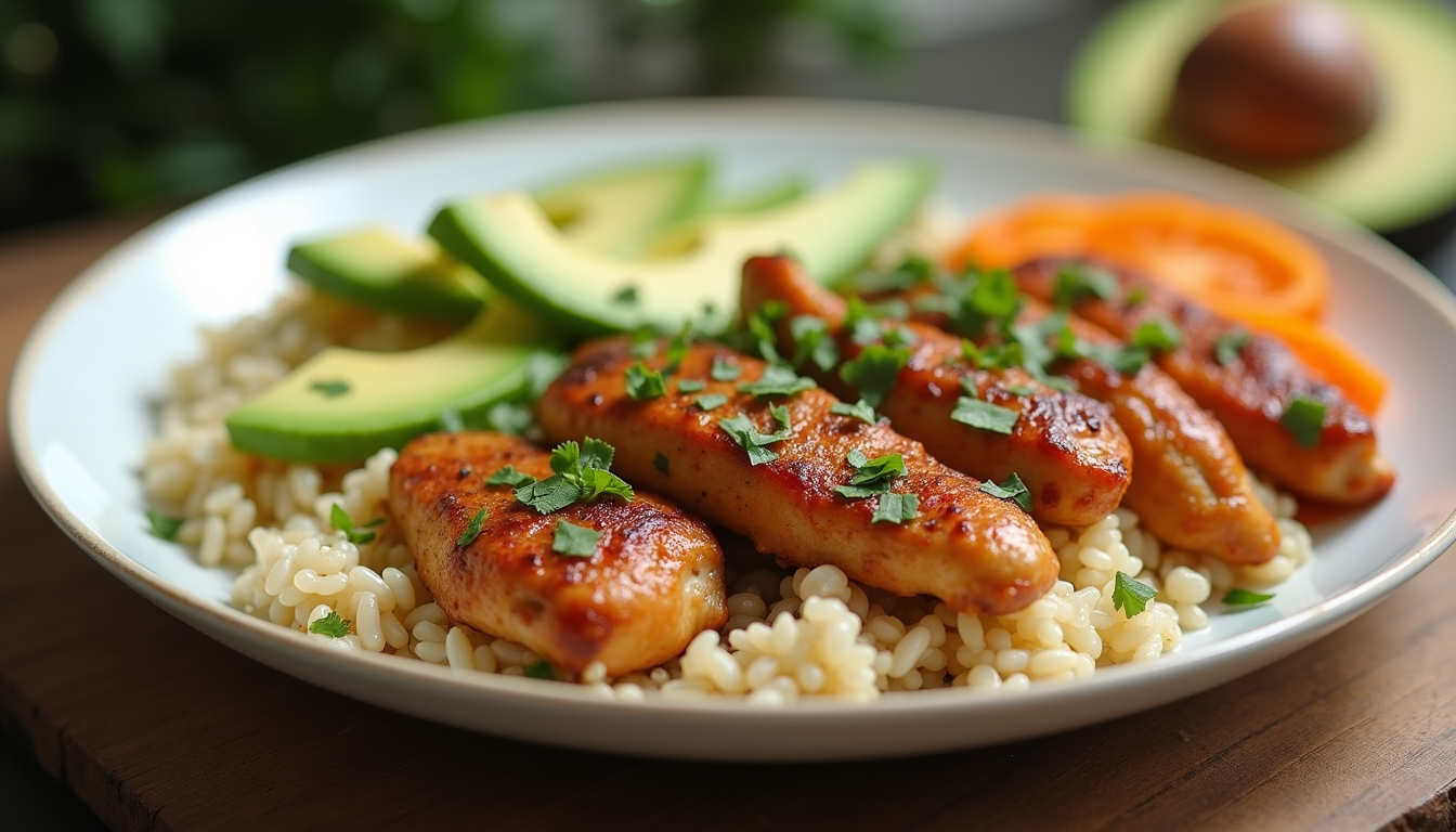 Eye-level view of a vibrant plate of Zesty Cilantro Lime Chicken with Avocado and Jasmine Rice
