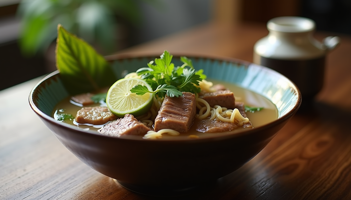 High angle view of a bowl of beef pho garnished with fresh herbs