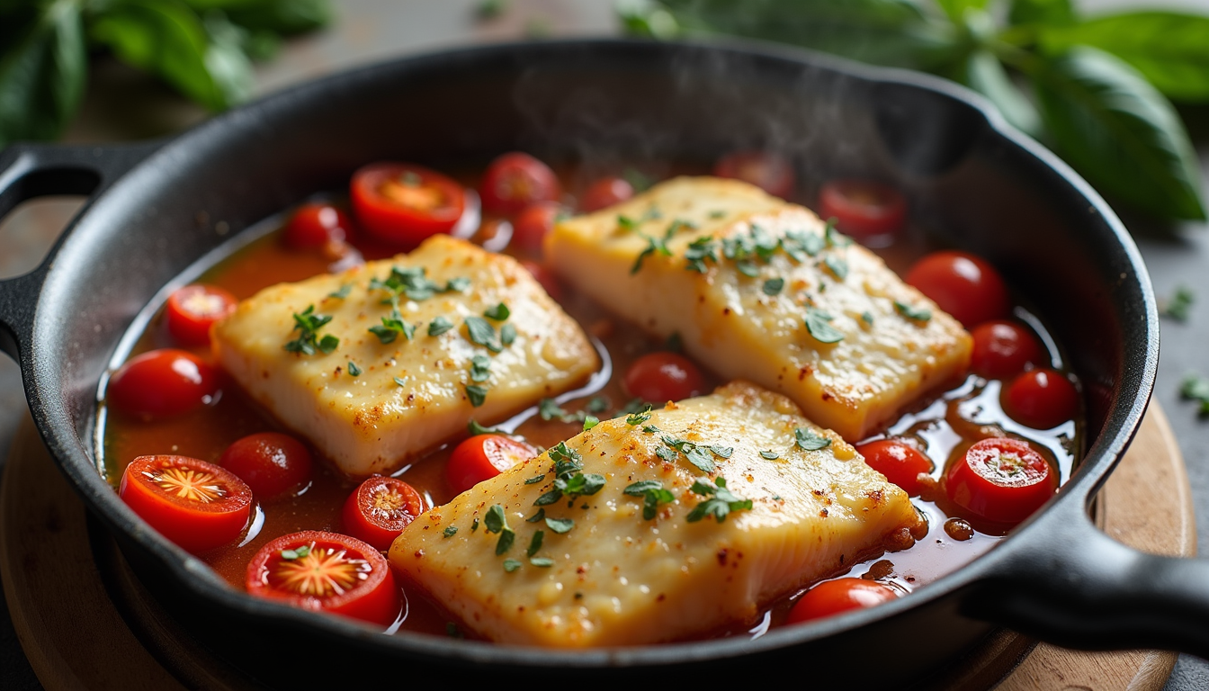 High angle view of cod fillets cooking in a skillet with tomatoes