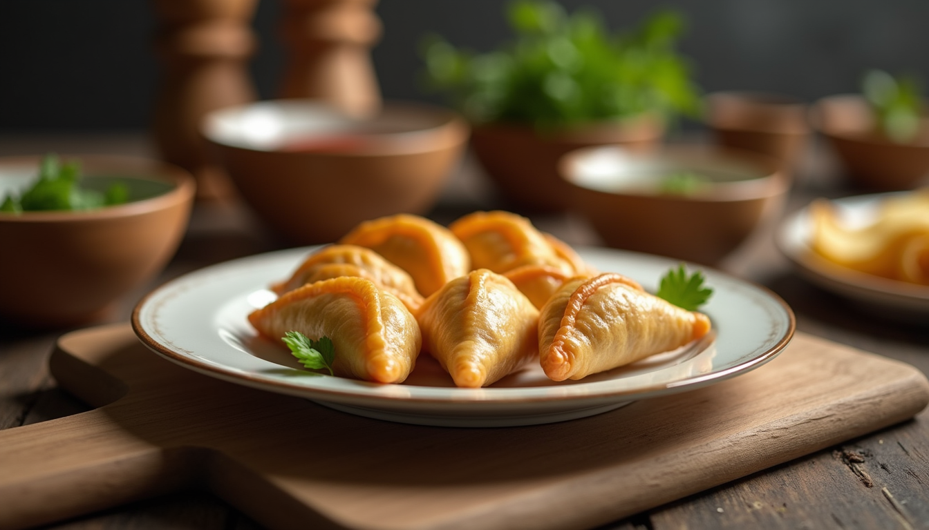 High angle view of assembled samosas ready for frying