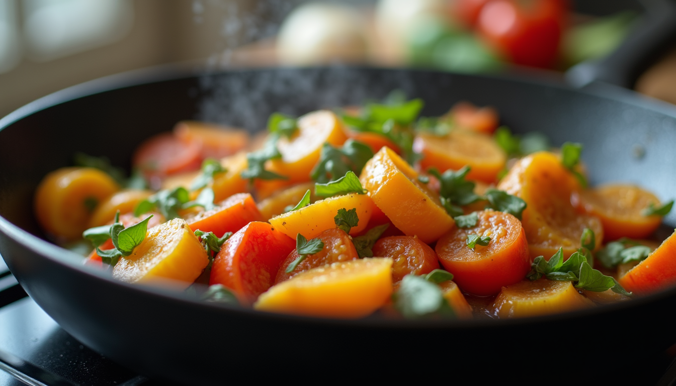 Eye-level view of a skillet with sautéed onions and red bell peppers