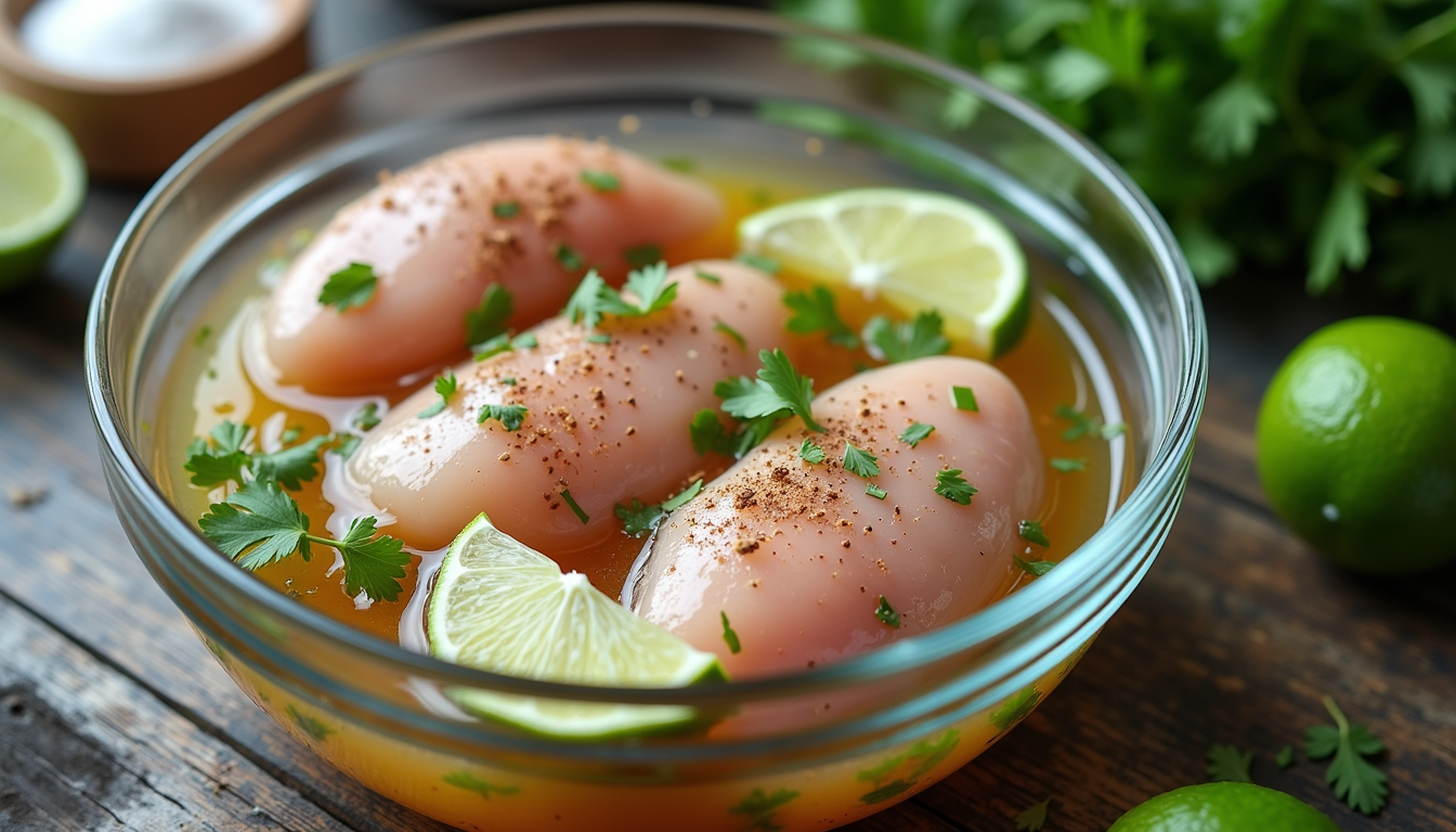 Close-up view of marinated chicken breasts in a glass bowl