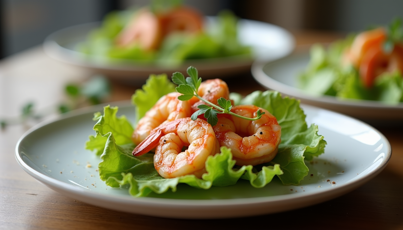 Eye-level view of a beautifully plated shrimp avocado salad
