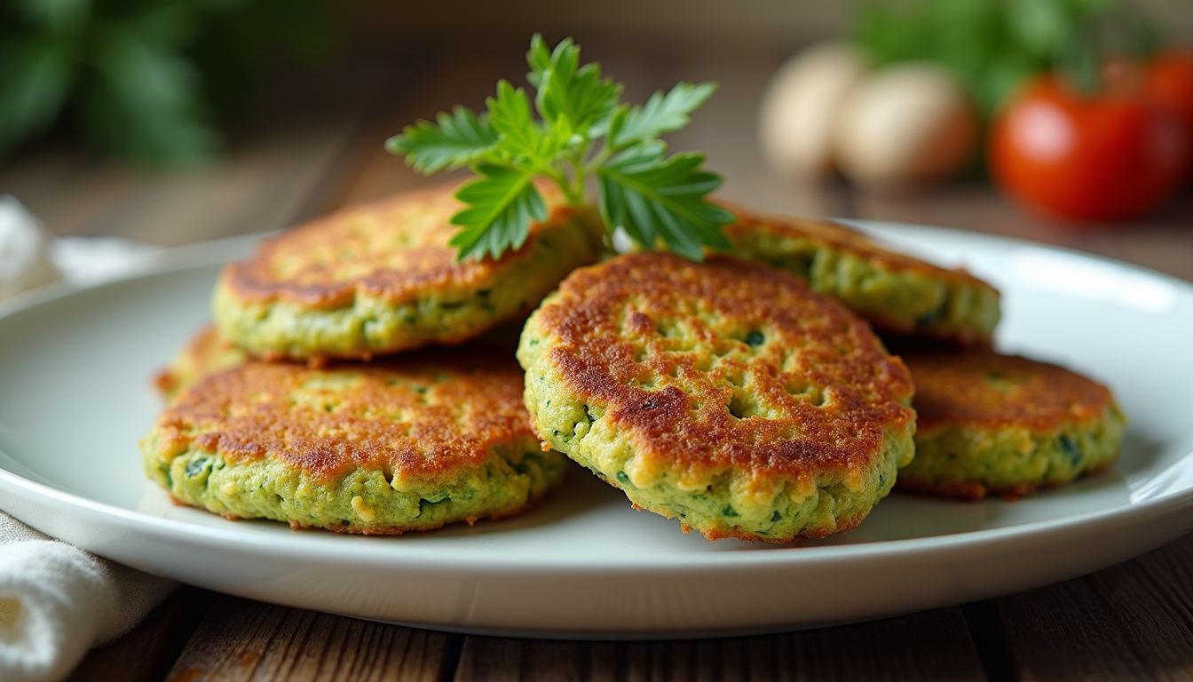 Close-up view of golden-brown zucchini fritters on a plate