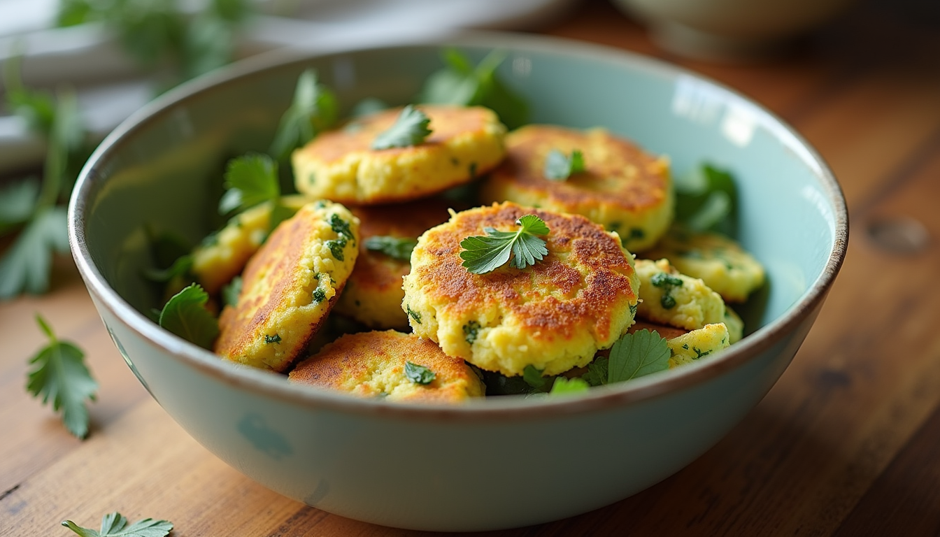 High angle view of a mixing bowl filled with zucchini fritter mixture