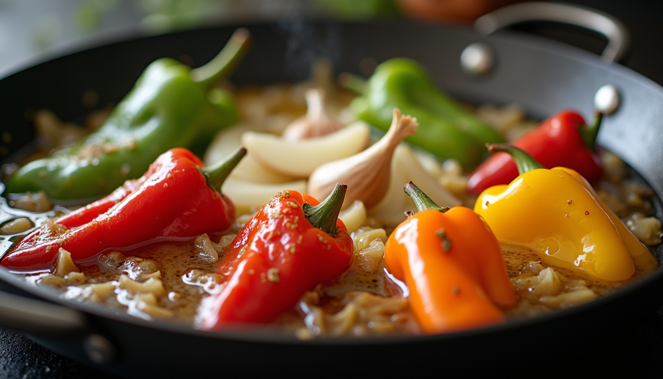 High angle view of colorful stir-fried vegetables