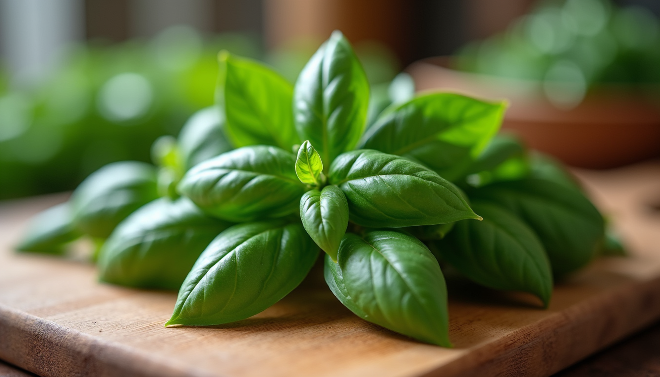 Close-up view of vibrant Thai basil leaves