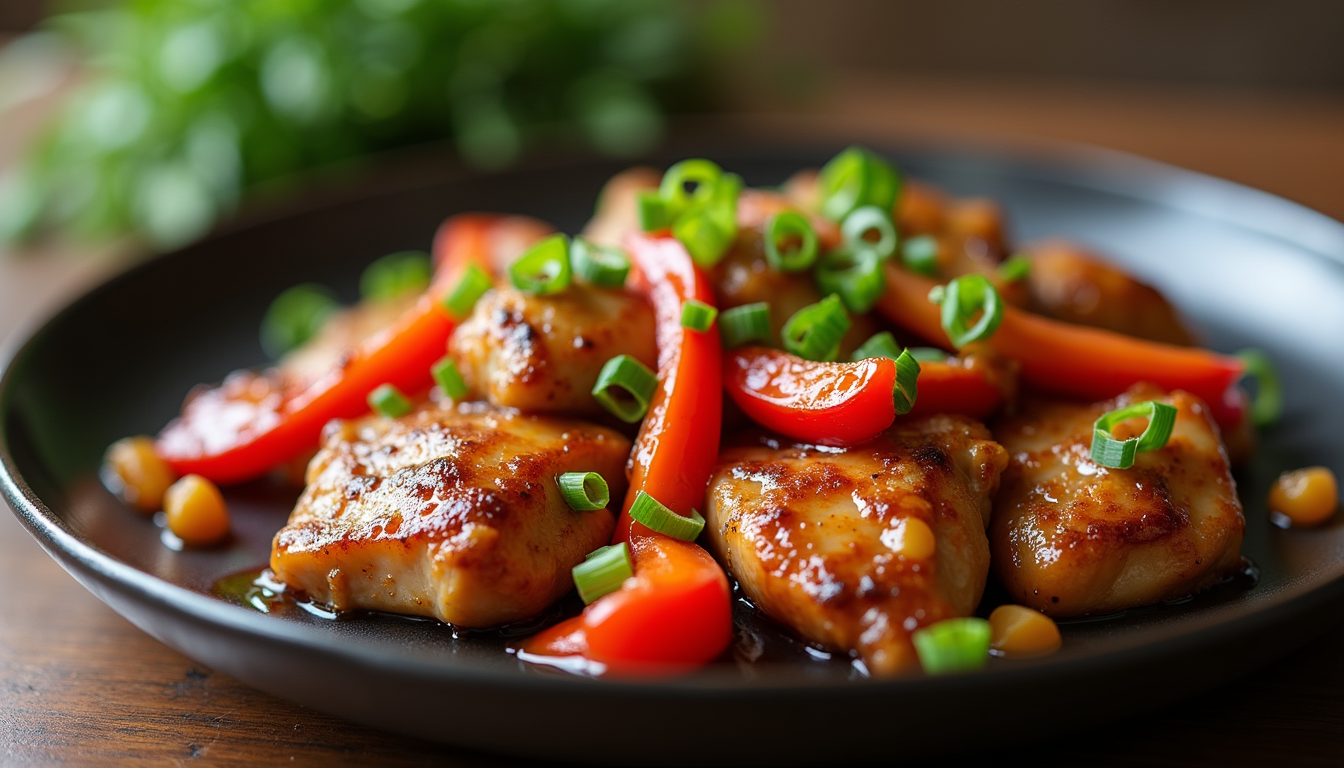 Eye-level view of a finished dish of chicken thighs with bell peppers and glaze