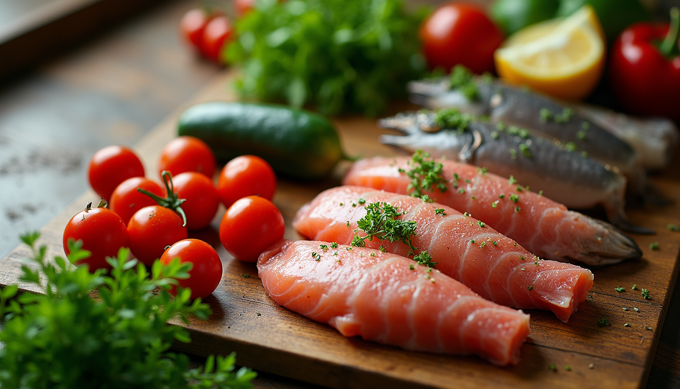 High angle view of fresh ingredients for squid curry on a wooden cutting board