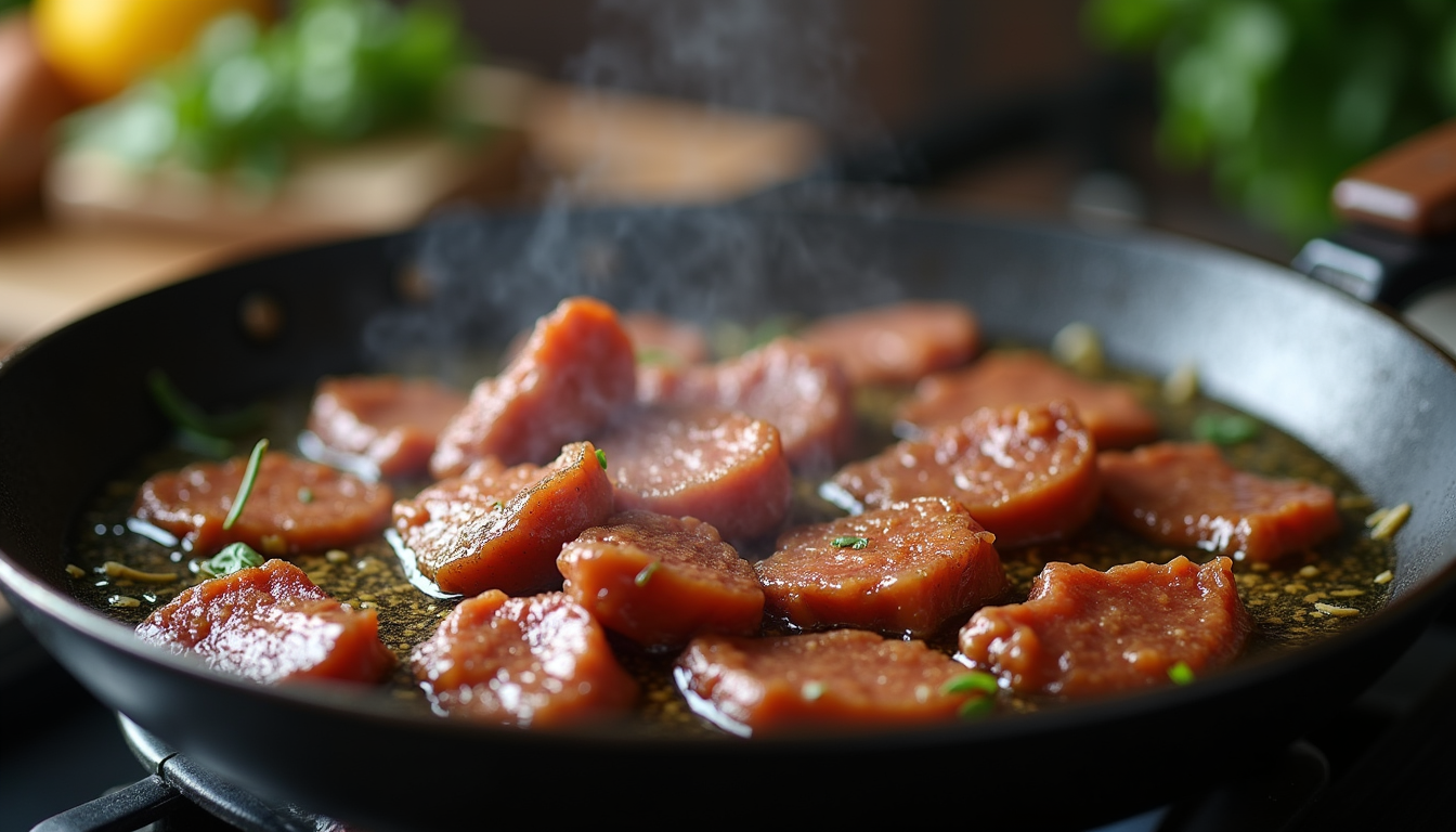 Eye-level view of a frying pan with golden crispy beef strips cooking in hot oil
