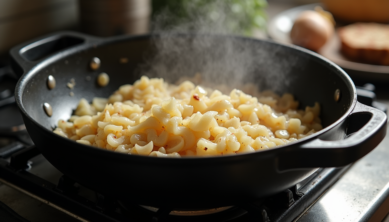 Eye-level view of a pot filled with sautéed onions and garlic