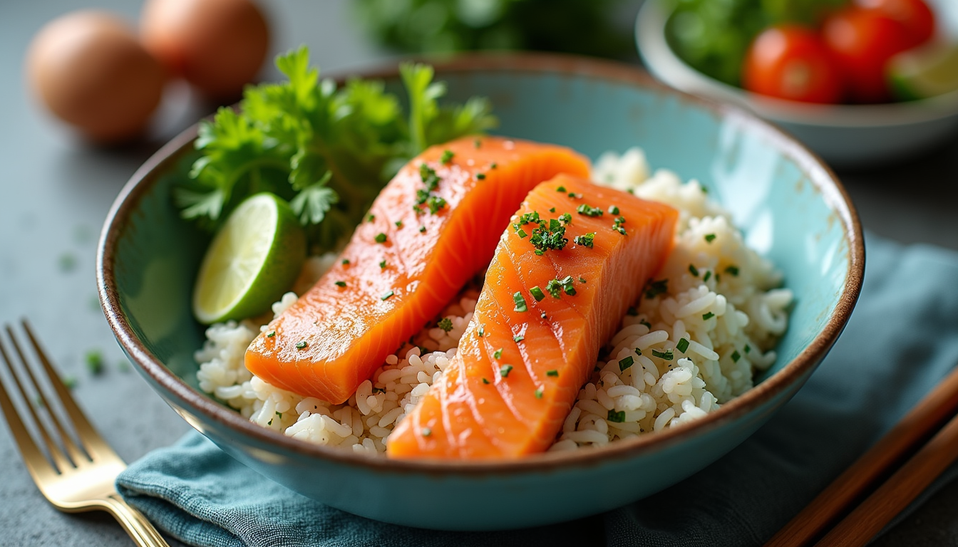 High angle view of a colorful bowl filled with salmon, rice, and fresh vegetables