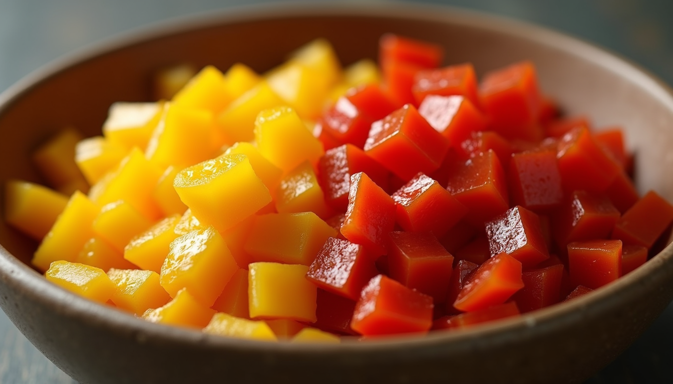 Close-up view of chopped bell peppers in a bowl