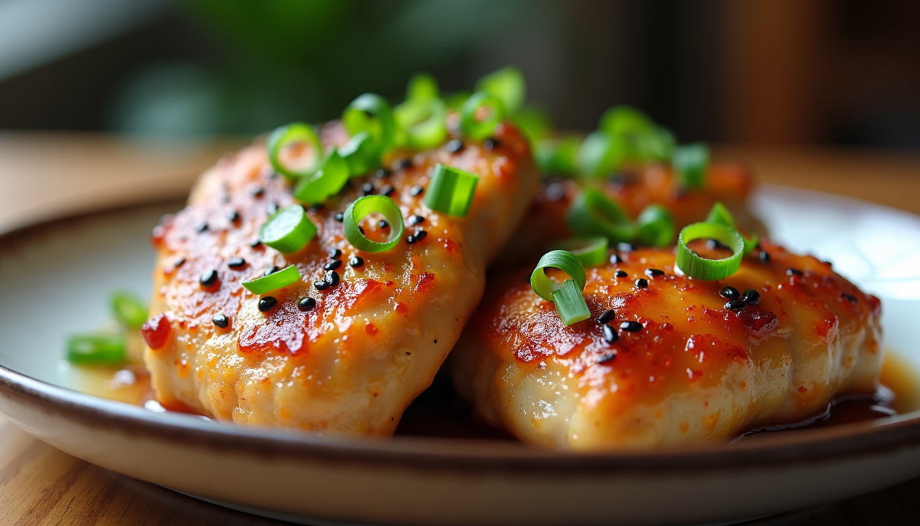 Eye-level view of baked chicken thighs garnished with sesame seeds and green onions