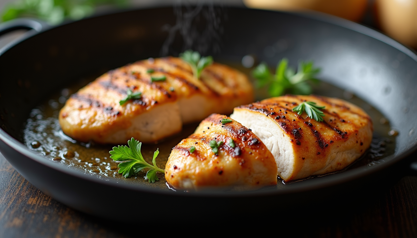 Eye-level view of sliced chicken breast cooking in a skillet