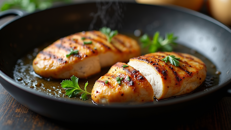 Eye-level view of sliced chicken breast cooking in a skillet