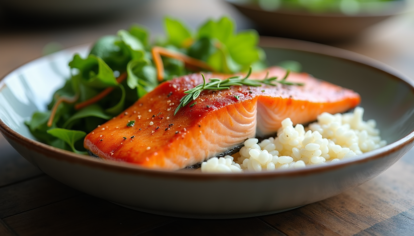 Close-up view of a beautifully glazed salmon fillet on a bowl of rice
