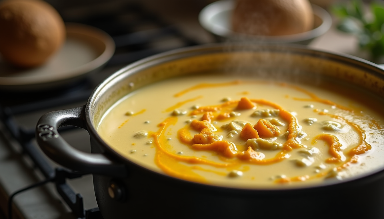 Close-up view of a creamy coconut milk curry in a pot