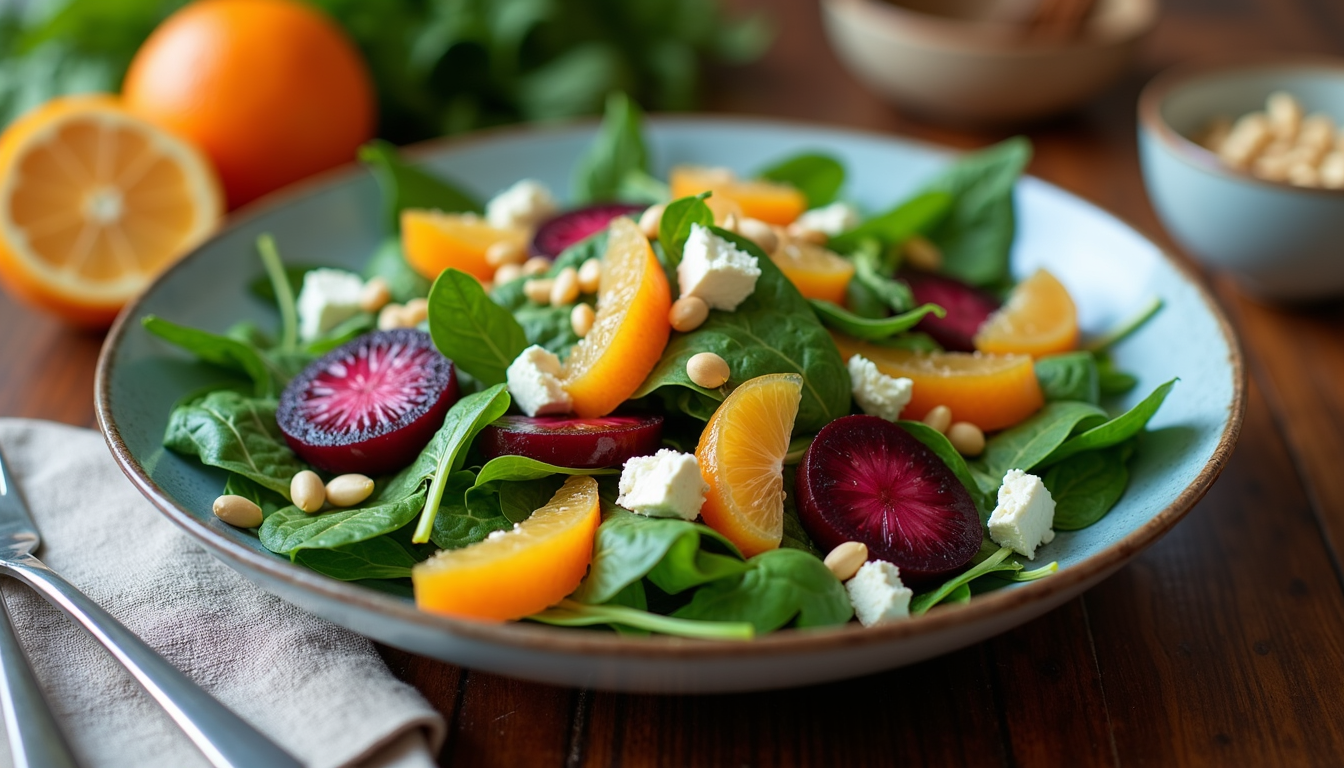 Close-up view of a bowl filled with fresh spinach, roasted beet slices, mandarin orange segments, toasted pine nuts, and crumbled feta cheese