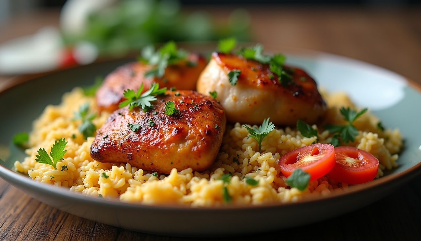 Eye-level view of a beautifully plated chicken dish with rice and garnishes
