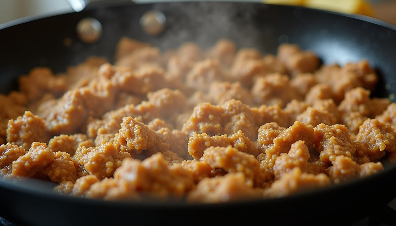 Eye-level view of a skillet with cooking ground turkey