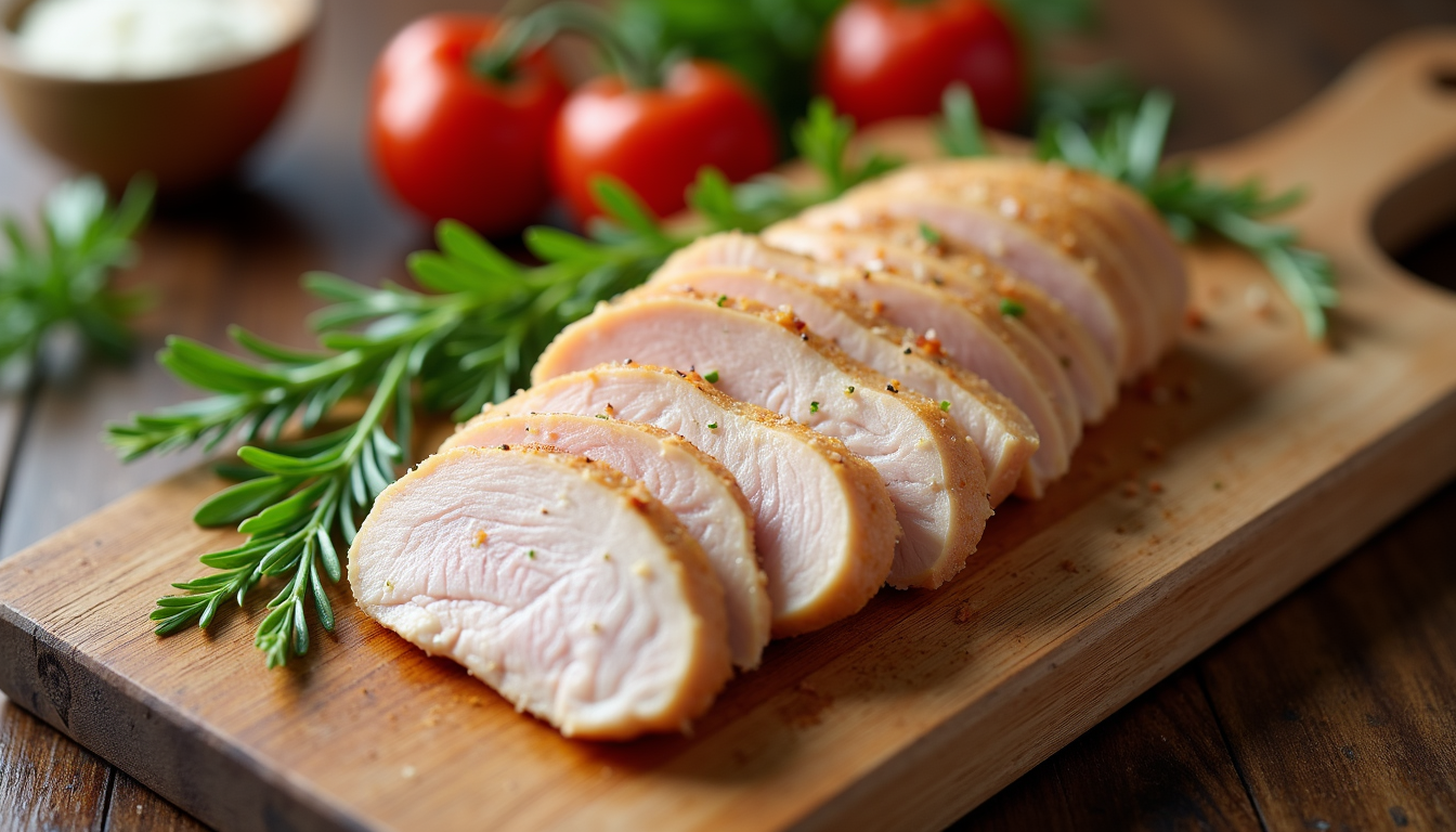 High angle view of sliced chicken breasts on a cutting board