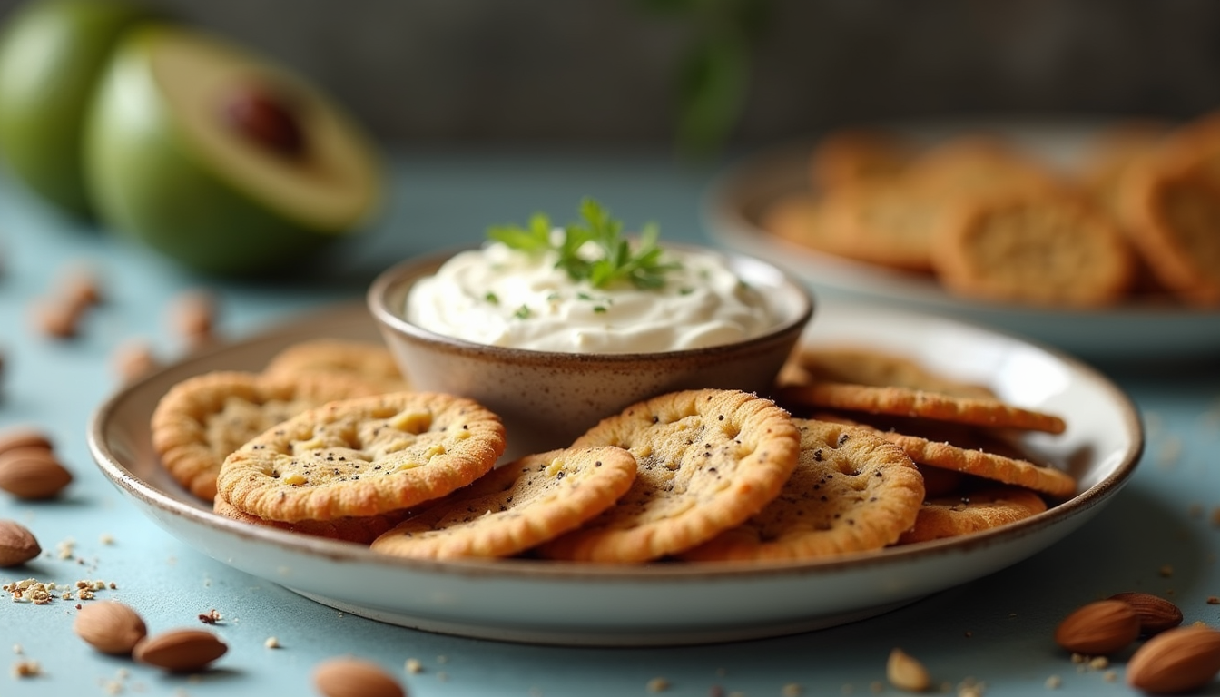 Eye-level view of a plate filled with almond and chia crackers served with a dip