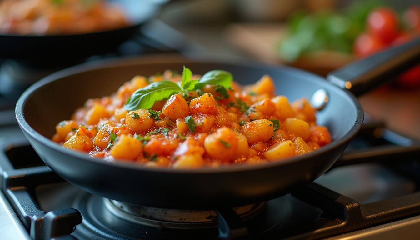 Eye-level view of a pan filled with spicy potato filling