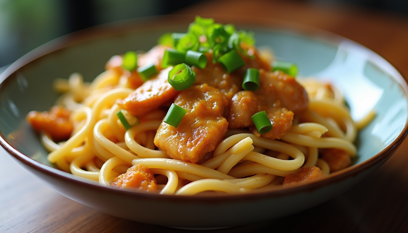 Close-up view of a bowl of honey garlic chicken rigatoni
