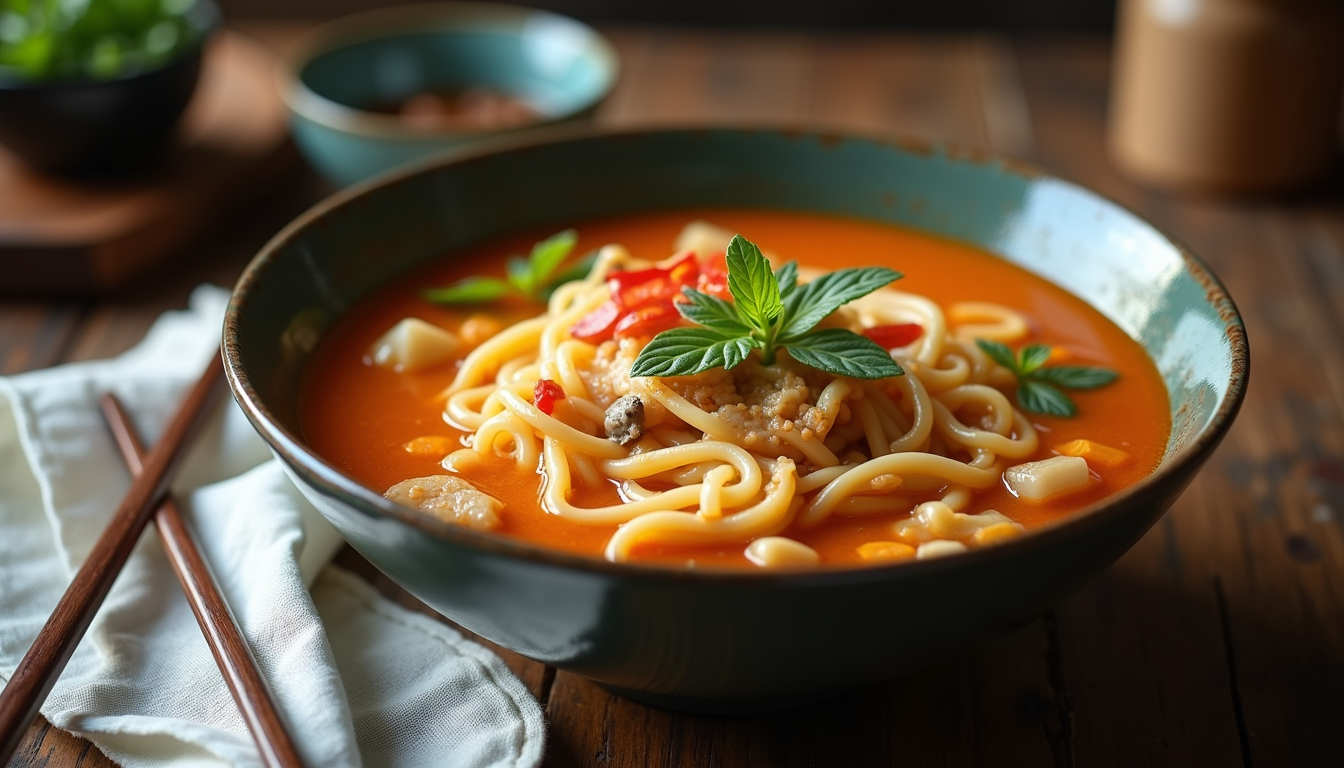High angle view of a beautifully presented bowl of beef satay noodle soup