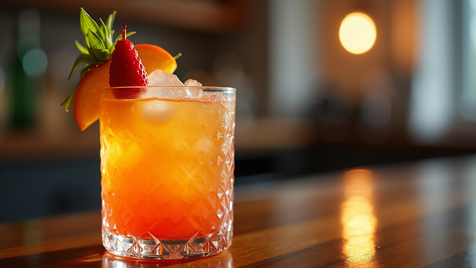 Close-up view of a colorful specialty cocktail with a unique garnish