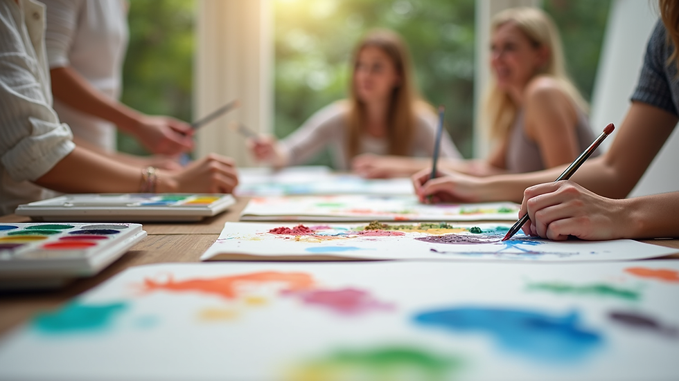 Close-up view of a table set with colorful paint palettes, brushes, and blank canvases ready for a painting party
