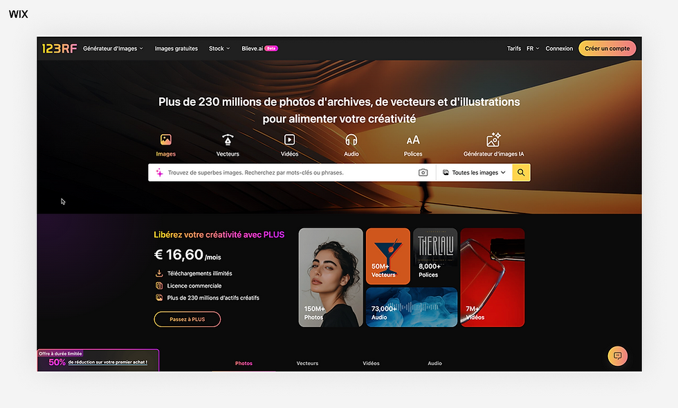 Page d'accueil de 123RF sur Wix. Texte: "Plus de 230 millions de photos..." Offre: "€16,60/mois". Image dynamique avec silhouette et couleurs chaudes.