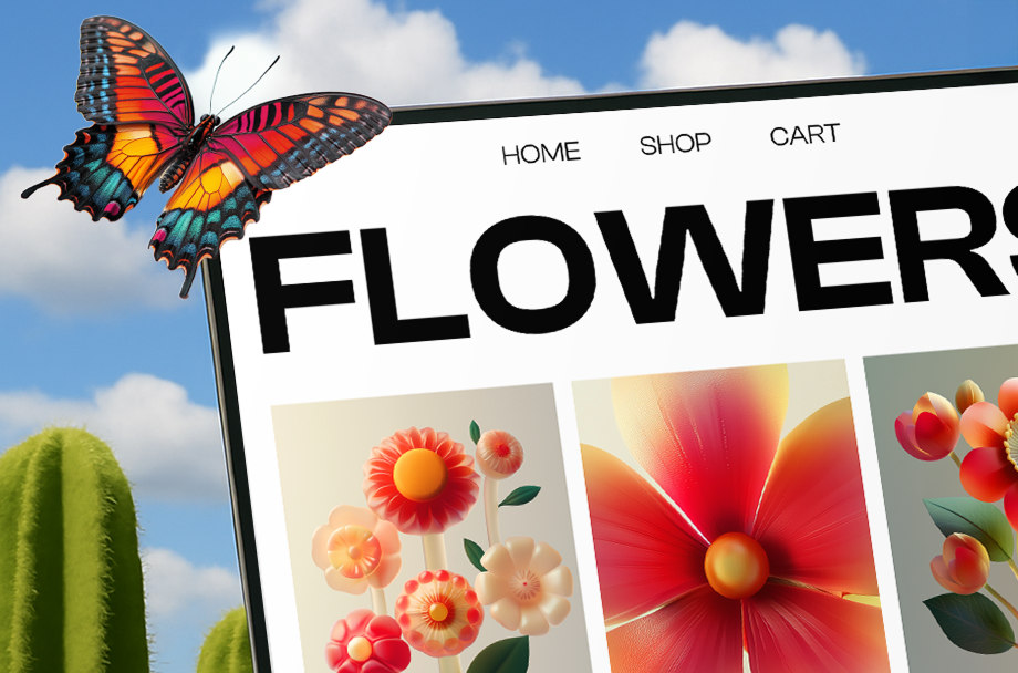 Papillon coloré sur un écran affichant "FLOWERS" avec des images de fleurs colorées. Cactus en arrière-plan sous un ciel bleu.