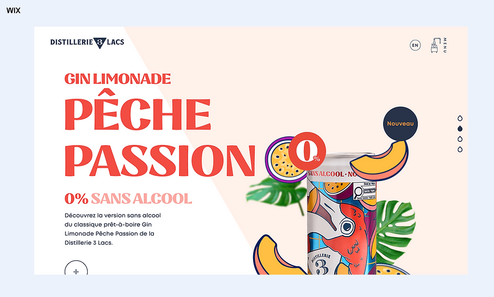 Page promo Wix pour Gin Limonade pêche-passion sans alcool, avec canette colorée, fruits tropicaux et texte Nouveau.