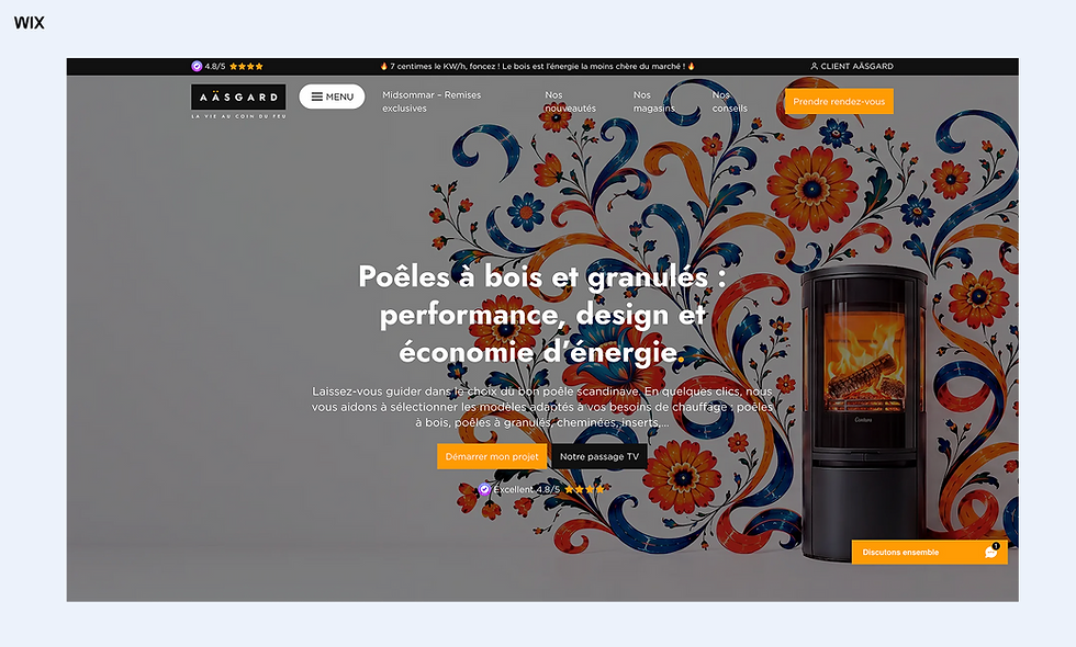 Page d’accueil AÄSGARD : poêle à bois noir devant motif floral coloré, avec texte sur performance, design et économie d’énergie.