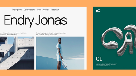 Page web avec "Endry Jonas" en gros. À droite, un homme avec une raquette sur fond bleu. Arrière-plan orange et texte moderne "CA".