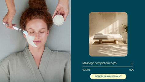Femme détendue recevant un masque facial blanc. Page à droite avec options de réservation de massage complet du corps. Tons doux et apaisants.