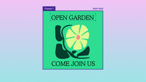 Affiche avec dessin de fleur jaune sur fond vert. Texte "OPEN GARDEN" en haut, "COME JOIN US" en bas. Fond en dégradé rose-bleu.