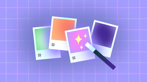 Quatre photos colorées sur fond violet quadrillé avec baguette magique. Hashtags visibles sur chaque photo. Ambiance créative et magique.