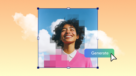 Personne souriante en pull rose devant ciel bleu et nuages blancs. Effets pixélisés. Bouton "Generate" en bas à droite. Ambiance joyeuse.