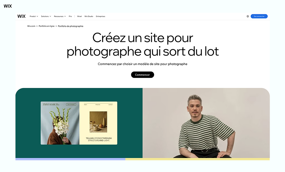 Page Wix en français avec le titre Créez un site pour photographe qui sort du lot, bouton Commencer et aperçu de portfolio photo.