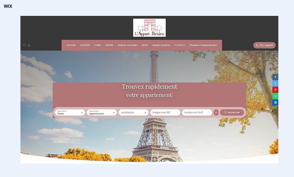 Page d’accueil L’Appart Parisien avec tour Eiffel, barre de recherche d’appartement et bouton Rechercher sur fond de ciel d’automne