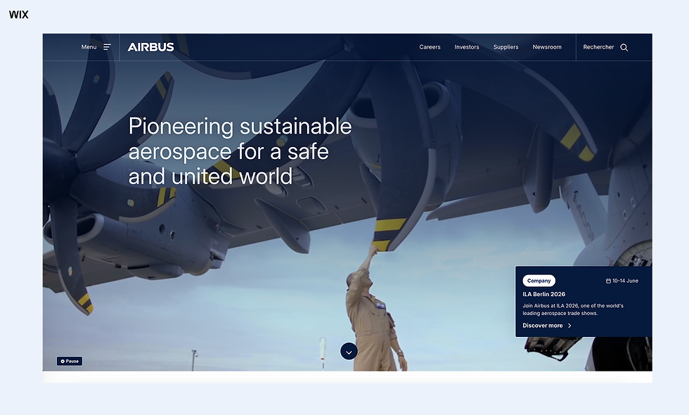 Page d’accueil Airbus: hélice d’avion, technicien en combinaison; slogan sur l’aérospatiale durable, encart ILA Berlin 2026.