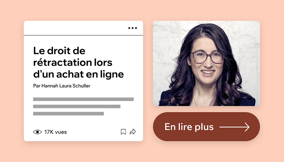 Article sur le droit de rétractation en ligne par Hannah Laura Schuller, 17K vues. Bouton "En lire plus". Fond rose.