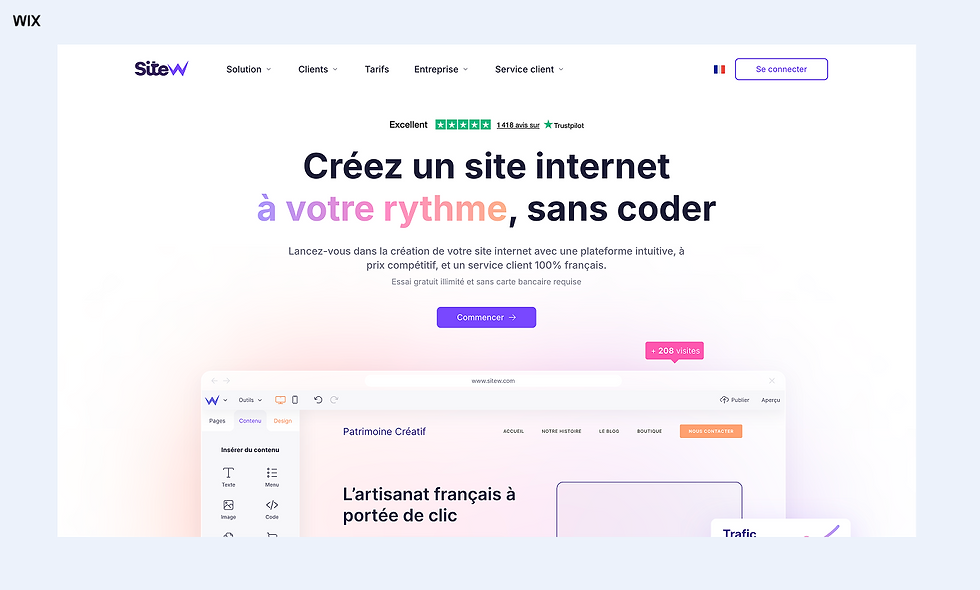 Page d’accueil SiteW en français avec slogan Créez un site internet à votre rythme, sans coder, bouton Commencer et aperçu d’éditeur web.