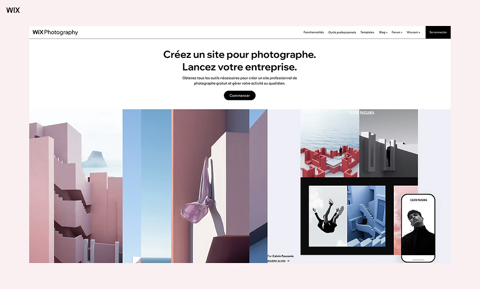 Page web Wix pour photographes, texte: "Créez un site pour photographe. Lancez votre entreprise." Images d'architecture moderne et photos artistiques.
