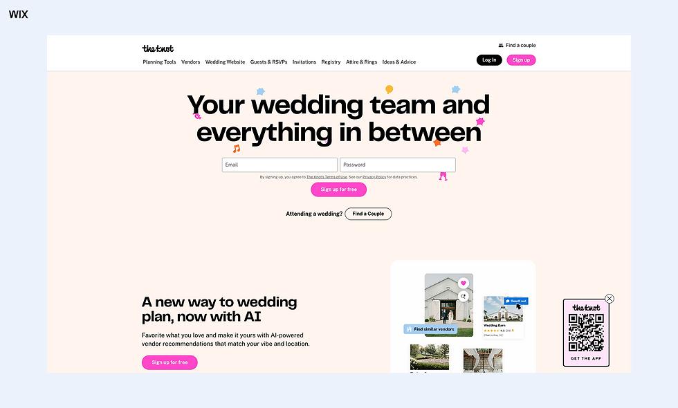 Page The Knot sur Wix, fond rose pâle, grand titre mariage, champs e-mail/mot de passe, boutons roses et QR code.