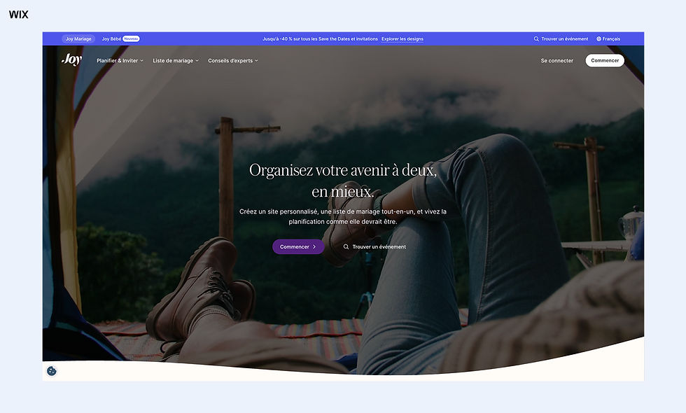 Capture d’écran d’un site Wix mariage en français, avec couple au camping, slogan Organisez votre avenir à deux, en mieux et bouton Commencer