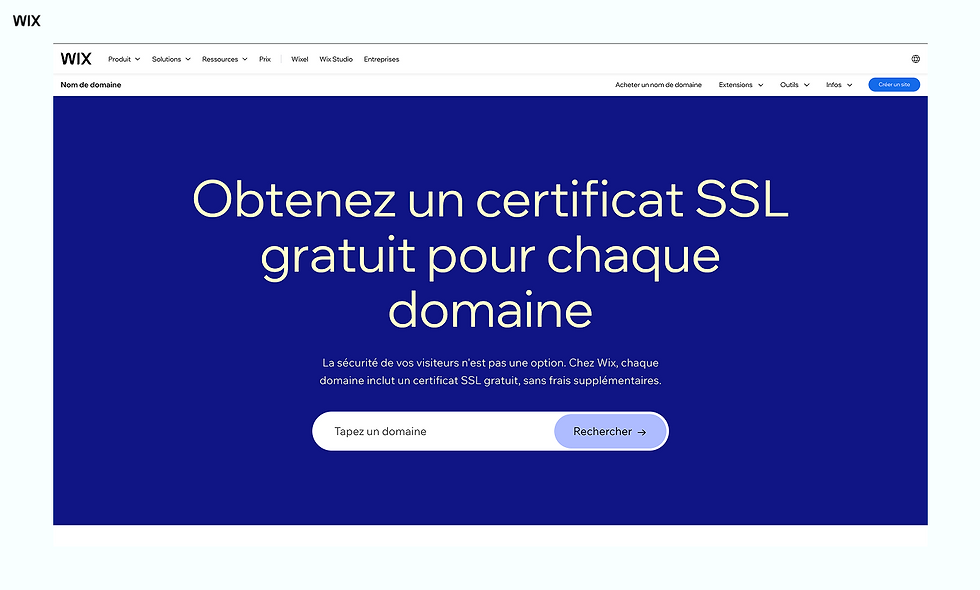 Texte blanc sur fond bleu: "Obtenez un certificat SSL gratuit pour chaque domaine." Barre de recherche en bas. En-tête Wix.